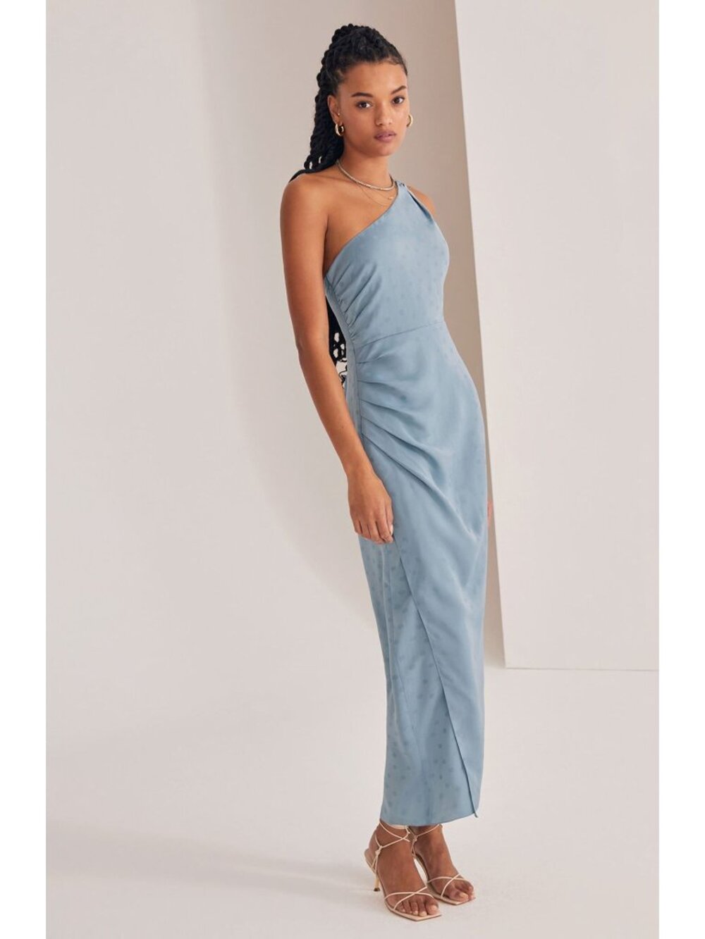 🆕FAVORITE DAUGHTER The Singles Table One Shoulder Gown Dress Polka Dot Blue 2 - Picture 2 of 16
